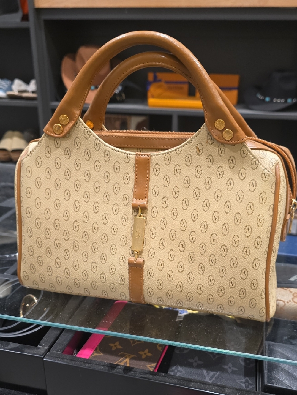 Valentino Cream and Tan Logo-Print Top-Handle Satchel
